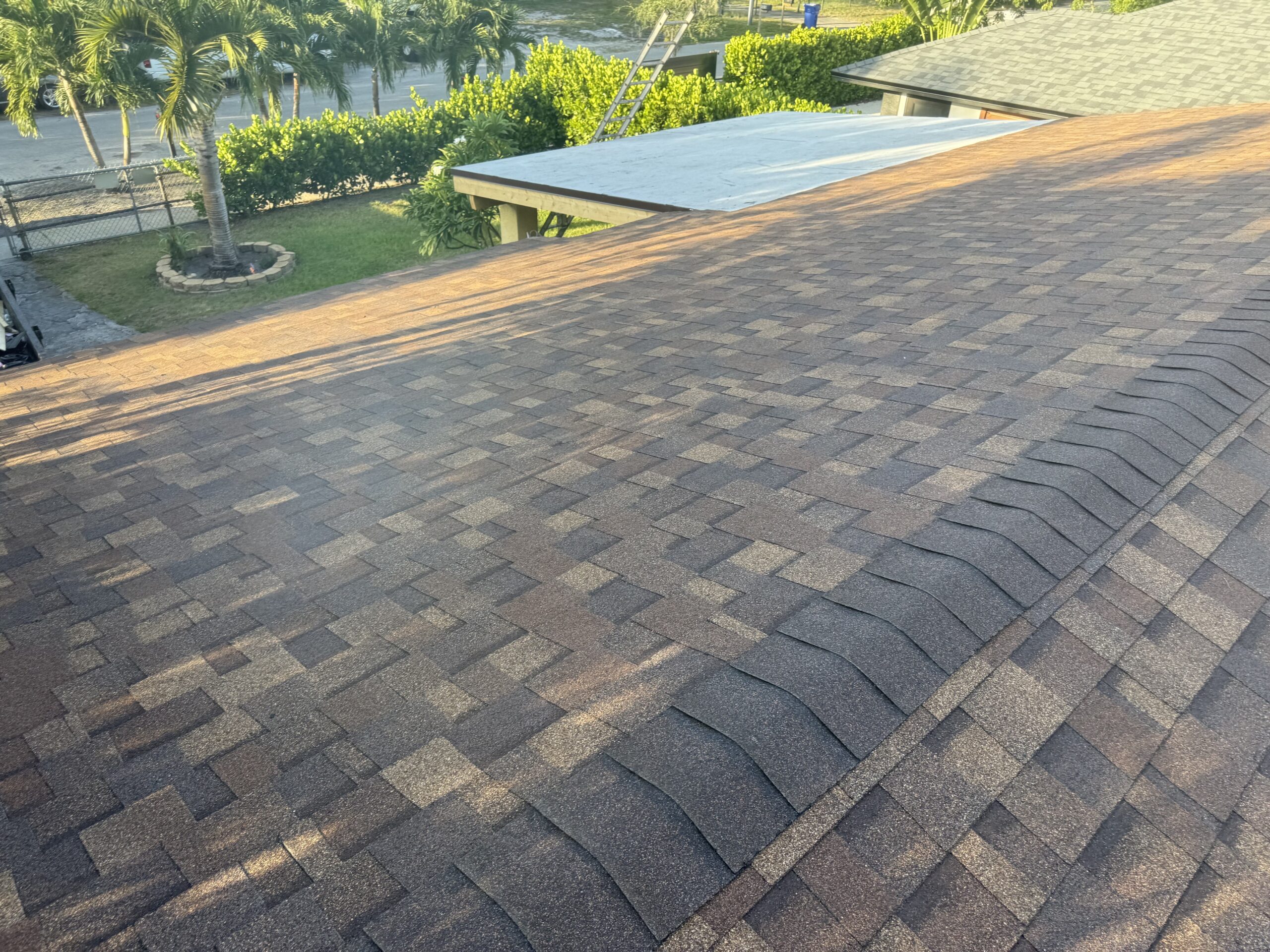 Close-up of new shingles and fascia installed on Robert Lewis’s home through the Hurricane Safety Program