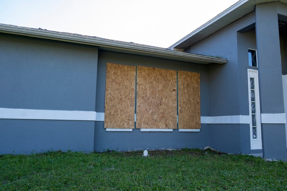Windows boarded up in anticipation of a hurricane.
