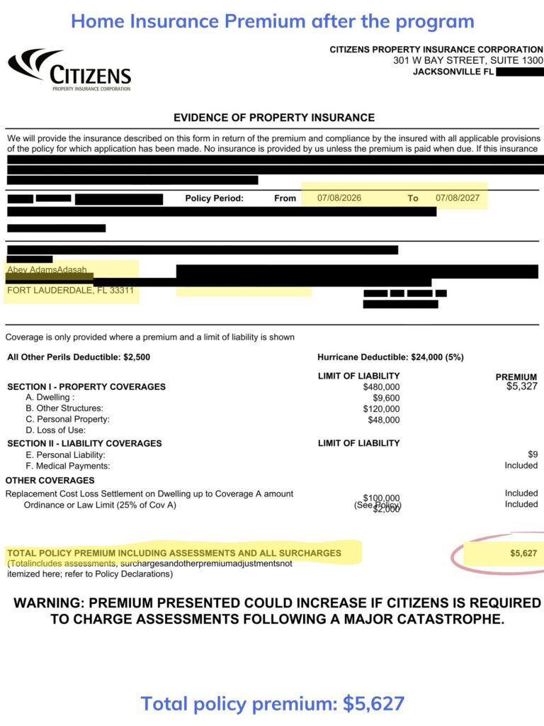 Home insurance declaration page — after the program