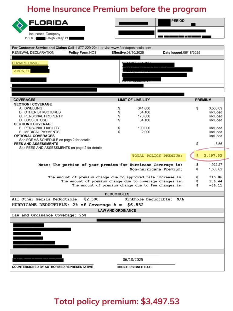 Home insurance declaration page — before the program