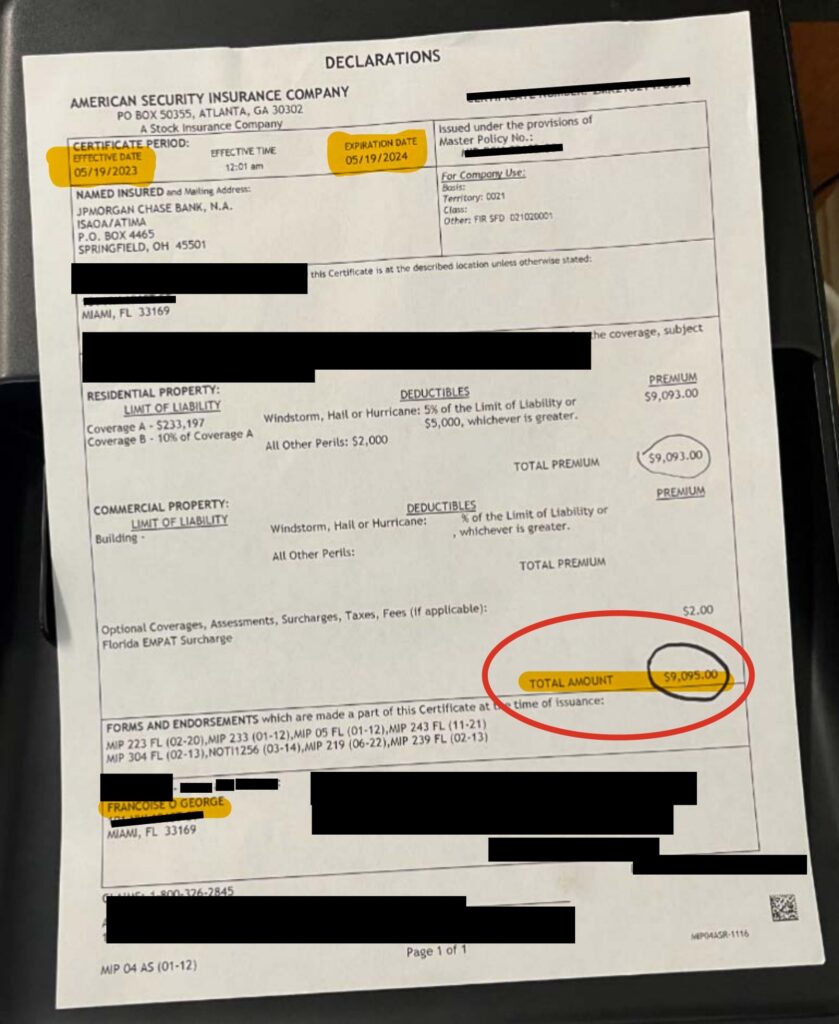 Home insurance declaration page