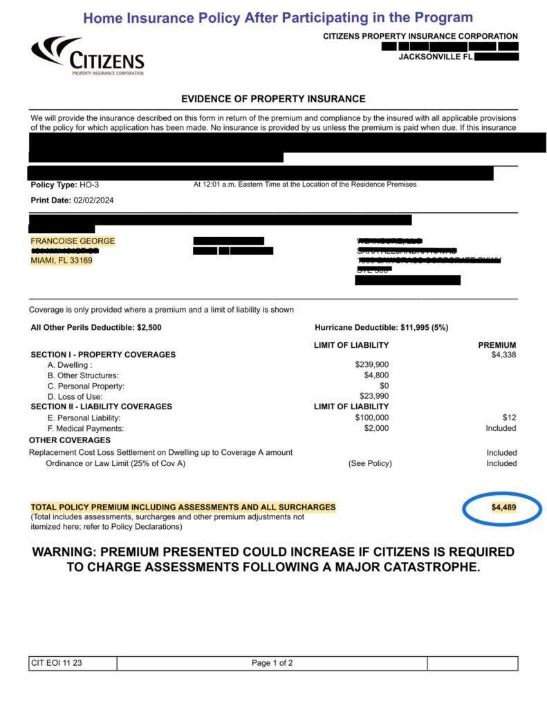 Home insurance declaration page