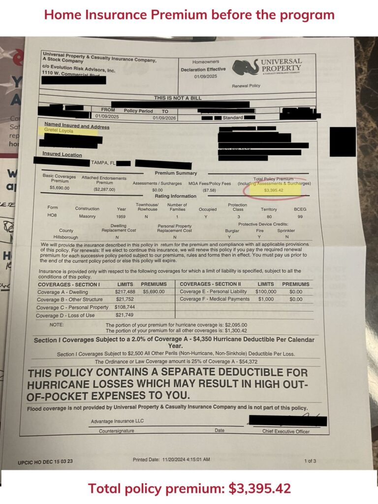 Home insurance declaration page — before the program