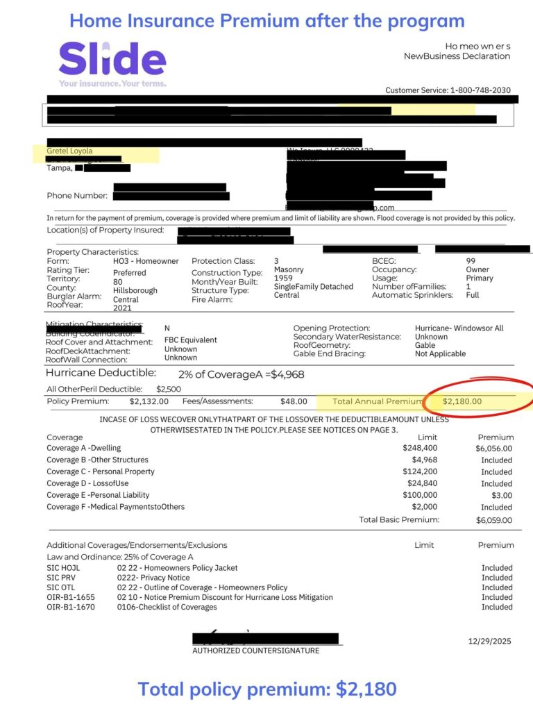 Home insurance declaration page — after the program