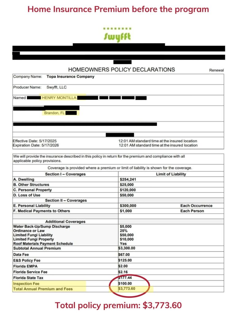 Home insurance declaration page — before the program