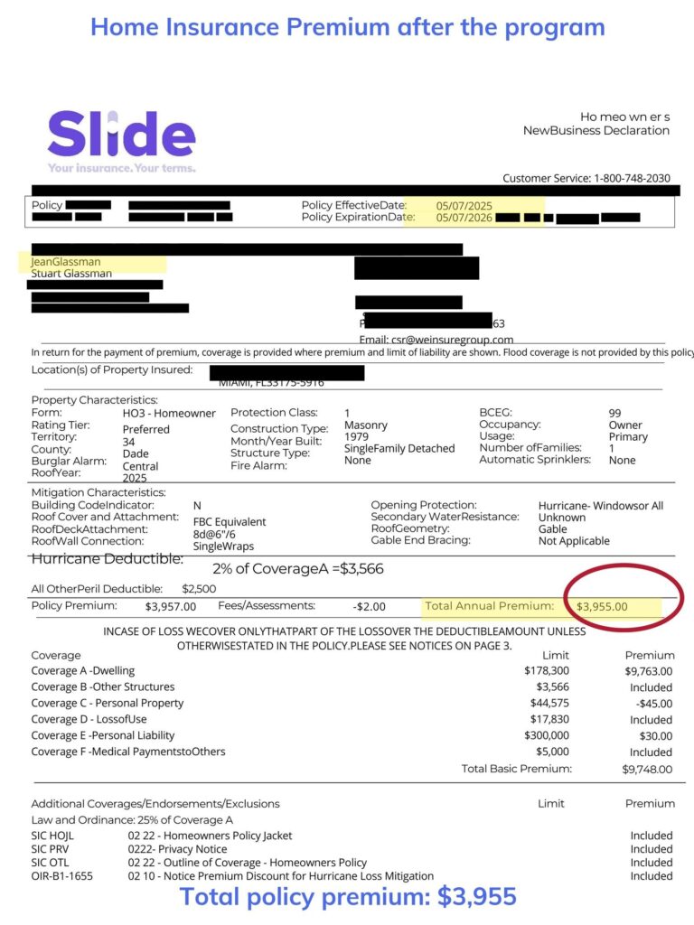 Home insurance declaration page — after the program