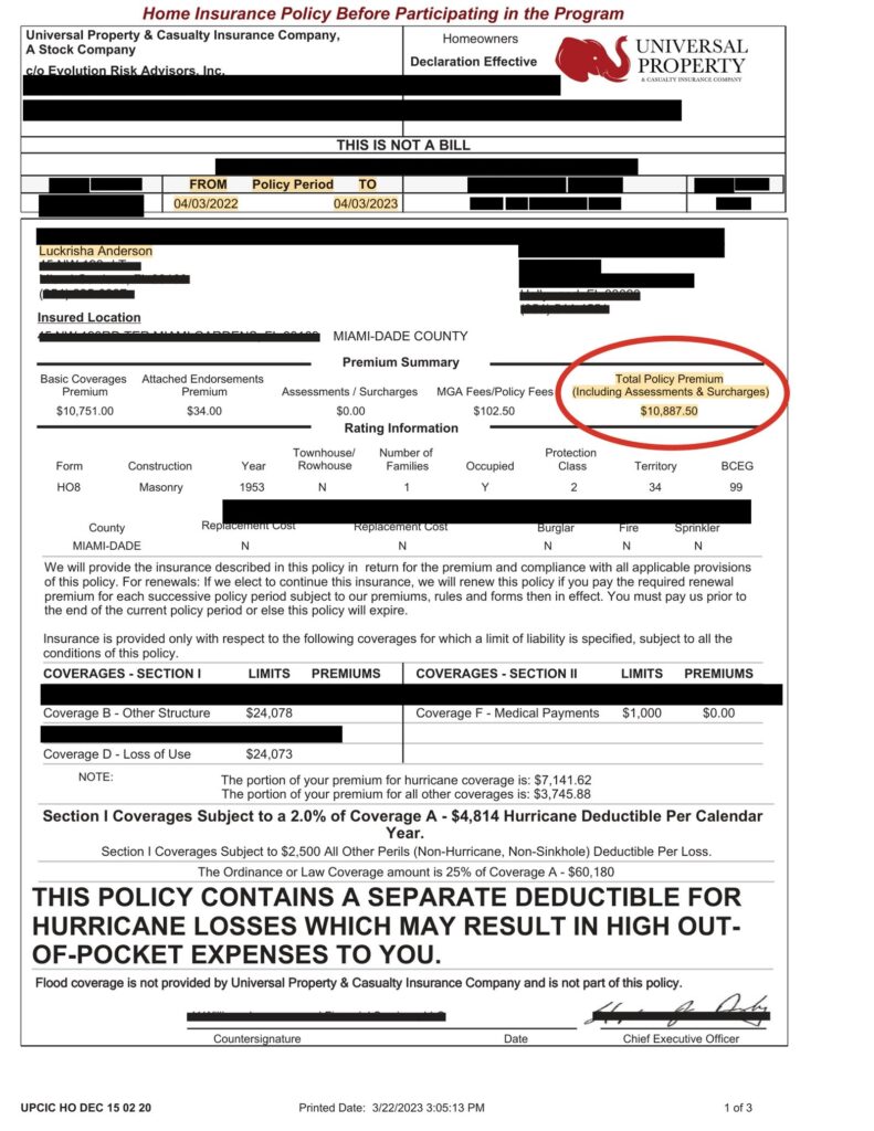 Home insurance declaration page