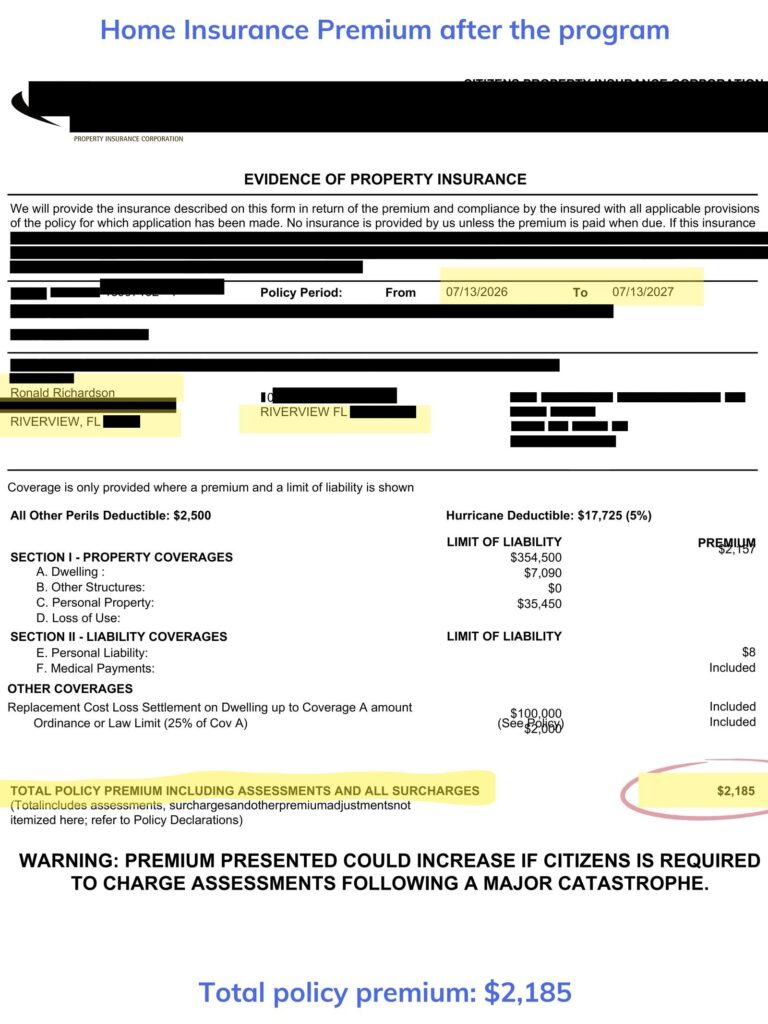 Home insurance declaration page — after the program