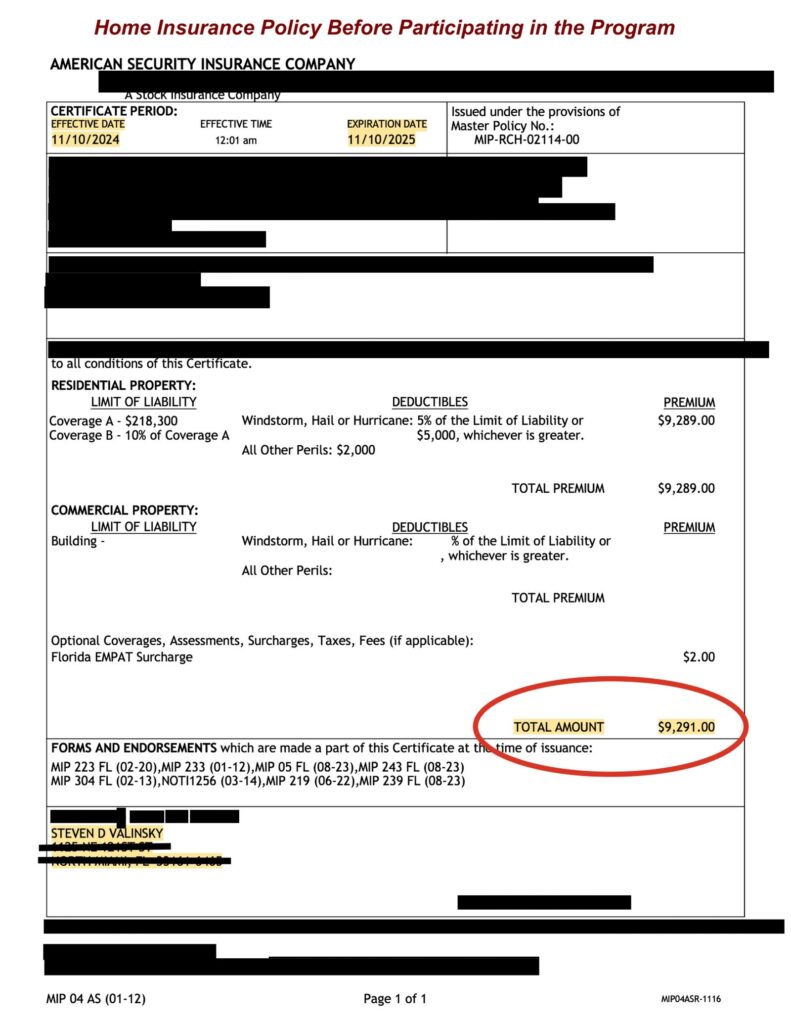 Home insurance declaration page