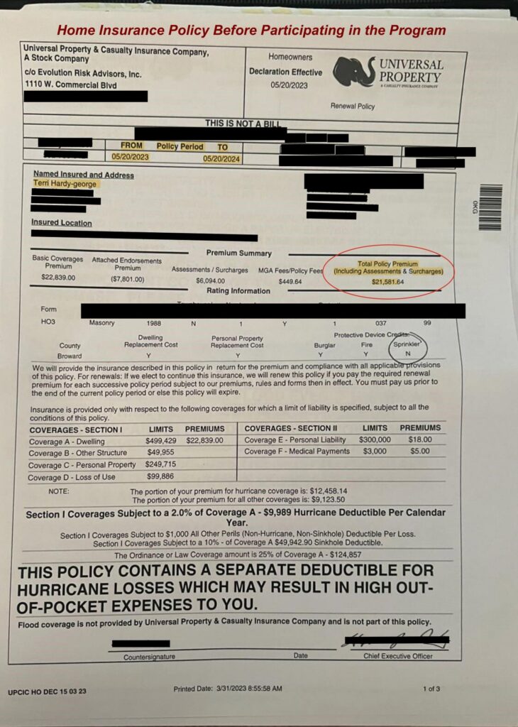 Home insurance declaration page — before the program