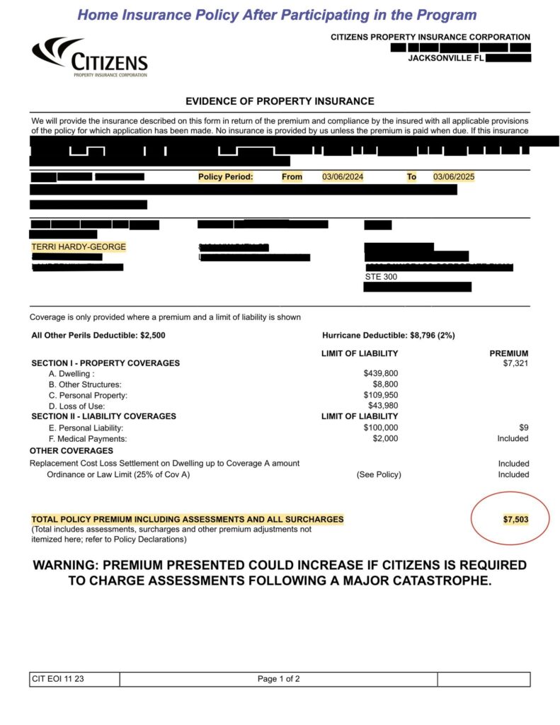 Home insurance declaration page — after the program